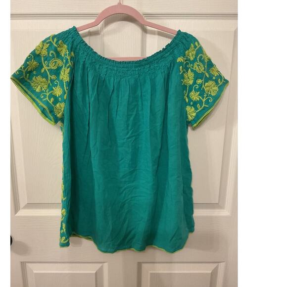 Sister Mary Claudia Floral Short Sleeve Embroidery Green Boho Blouse, S - Picture 6 of 6